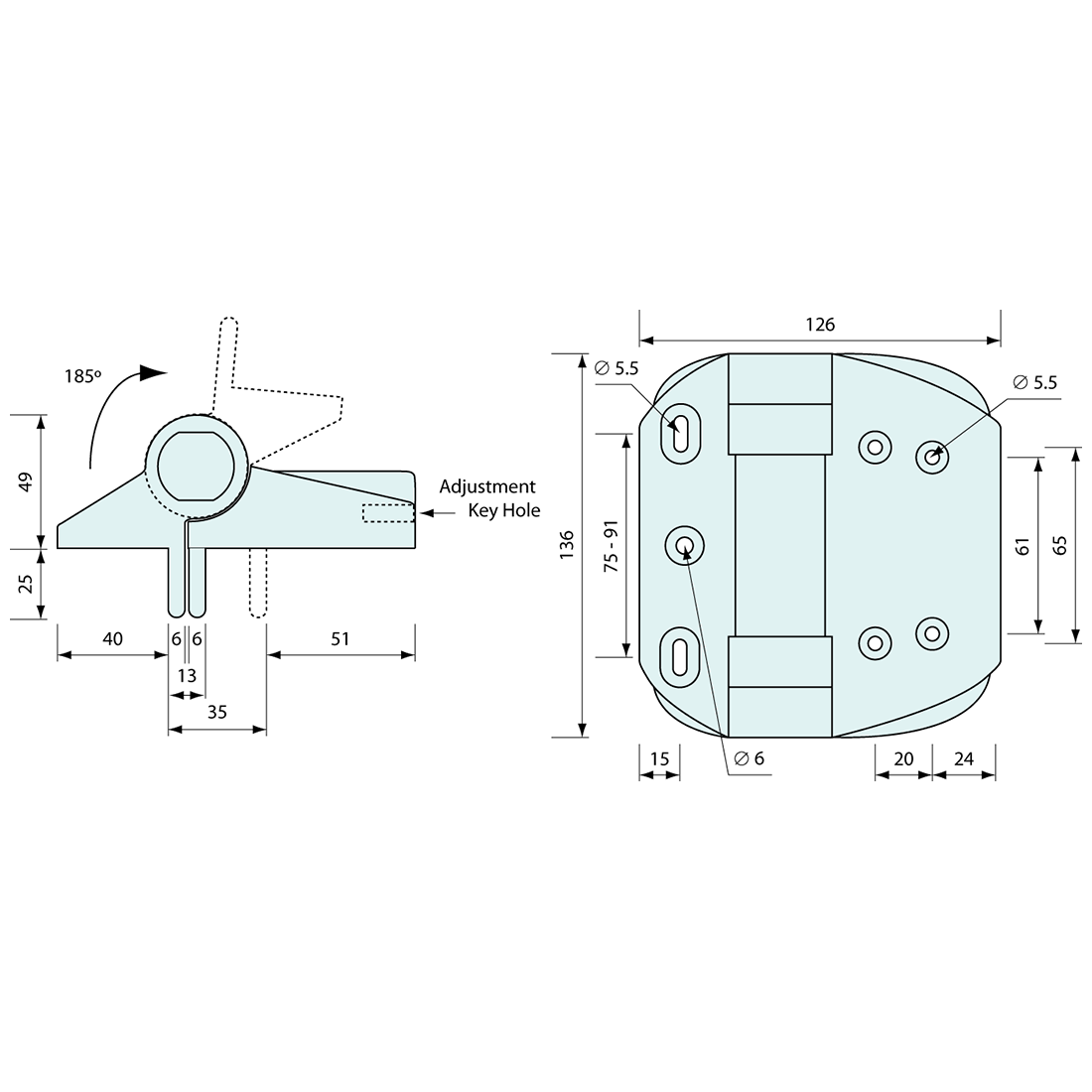 Self Aligning Spring Hinge Nylon Black 2 Leg 136mm