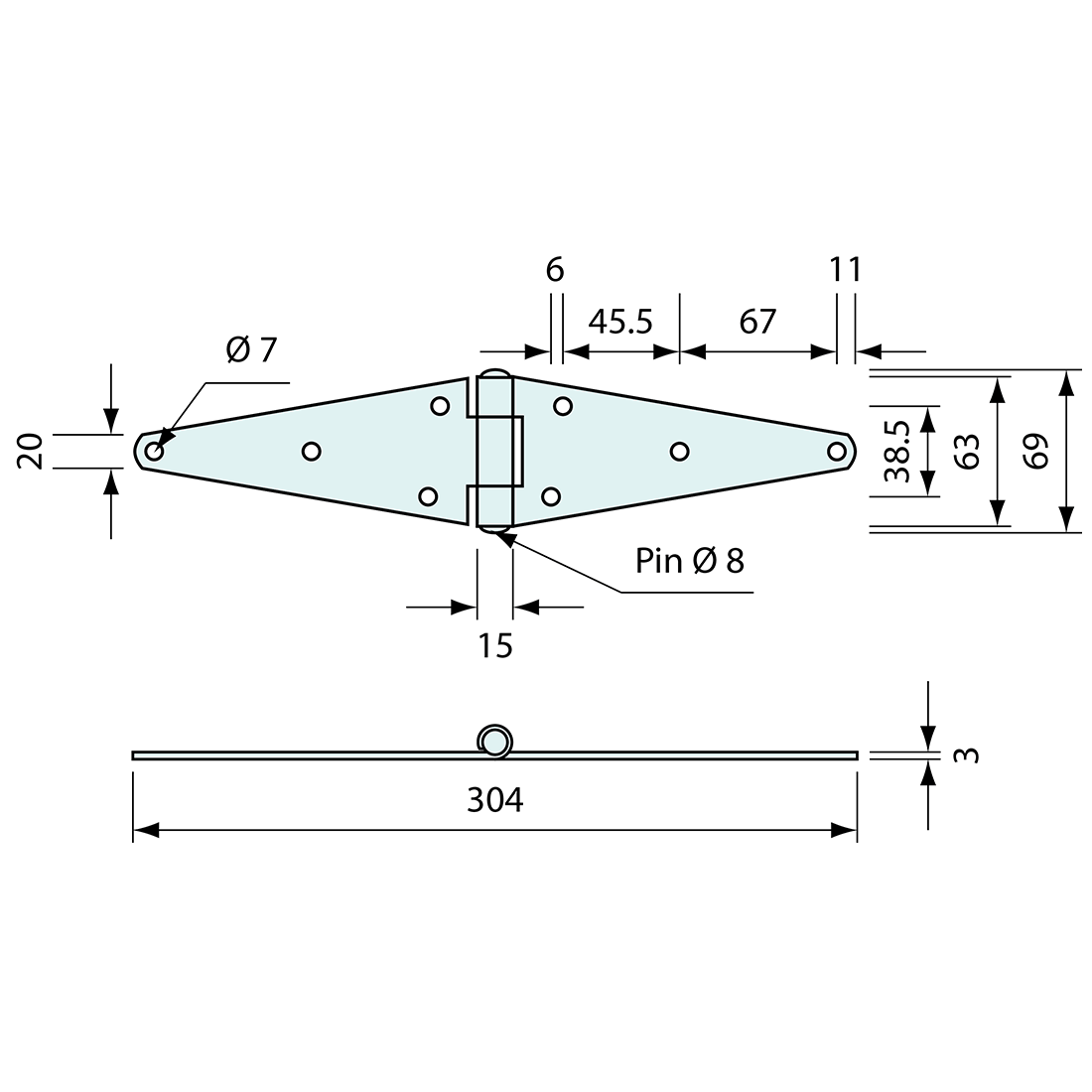 Double Strap Hinge Stainless Steel 300mm