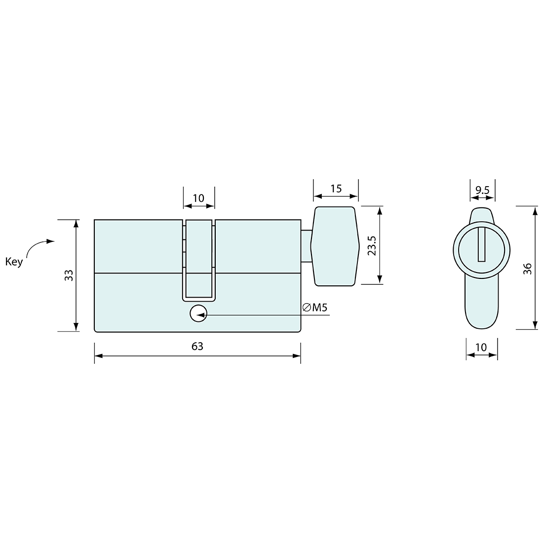Euro Cylinder 5 Pin Key and Turn Knob 36x10mm