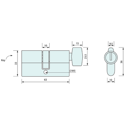 Euro Cylinder 5 Pin Key and Turn Knob 36x10mm