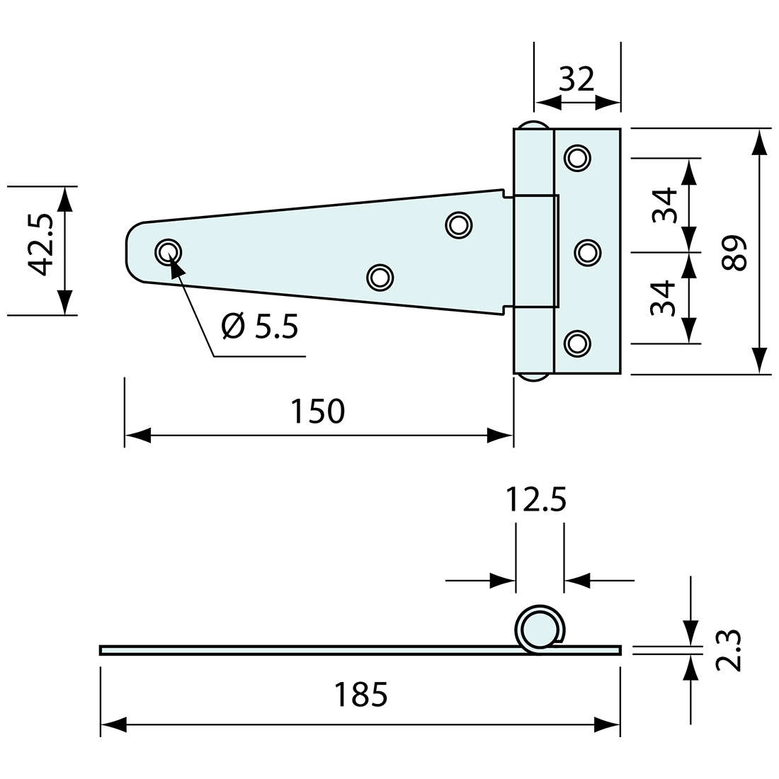 Strap Hinge Galvanised 150mm 2.5mm Thick